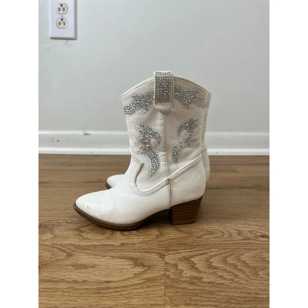 Western Rhinestone Cowgirl Boots Kids 9 White Sparkle Flame Pointed‎ Toe